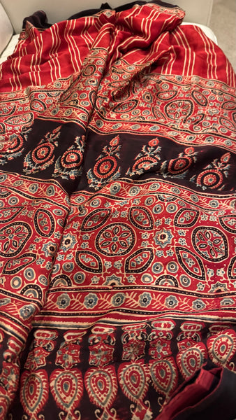 BLOCK PRINTED MAROON MODAL SILK AJRAKH SAREE