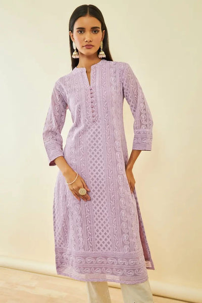 Purple Georgette Paisley Thread Embroidered Straight Kurta