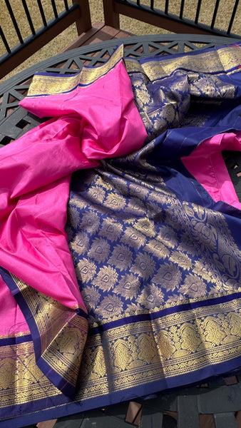 Pink and Navy Blue Soft Silk Saree