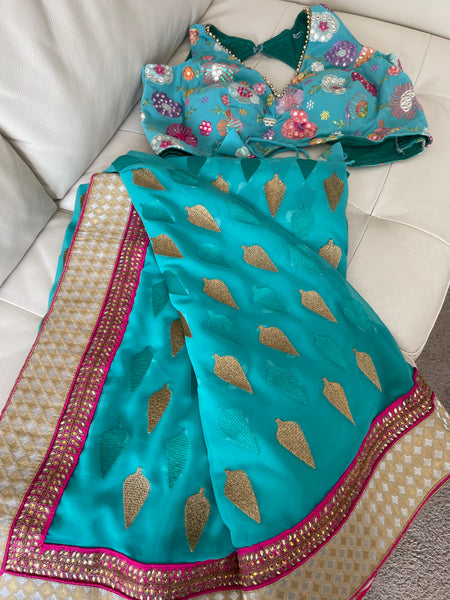 TURQUOISE BLUE GEORGETTE BLOUSE with Blue Georgette Chiffon Saree
