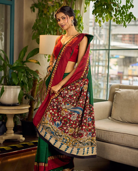 Bottle Green Cotton Saree with Contrast Maroon Border & Hand Painted Pen Kalamkari Pallu
