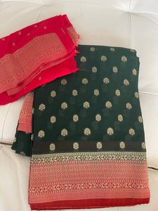 Forest Green and Red Georgette Chiffon Saree