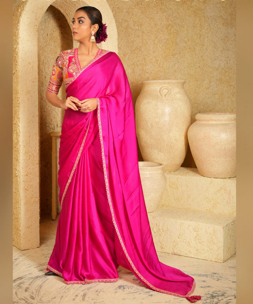 Fuchsia Pink Crepe Silk Saree with Zardosi Border