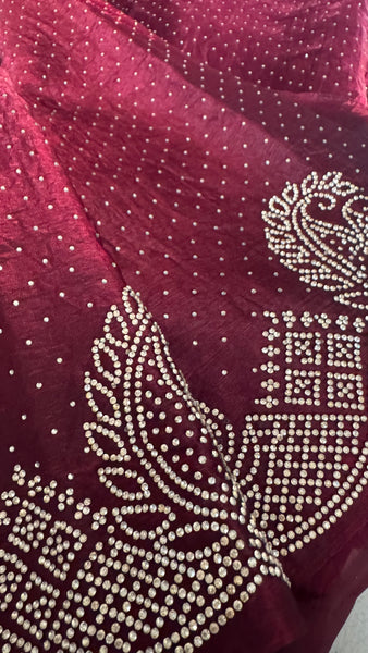Deep Maroon Silk Crepe All-Over Stone Embellished Saree