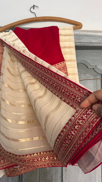 White and Red Georgette Chiffon Zardosi Saree