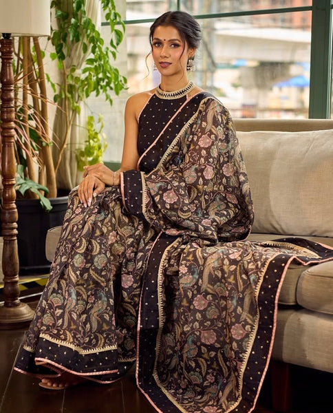 Mystic Black Kalamkari Print Chanderi Saree with Dotted Border & Pink Hem