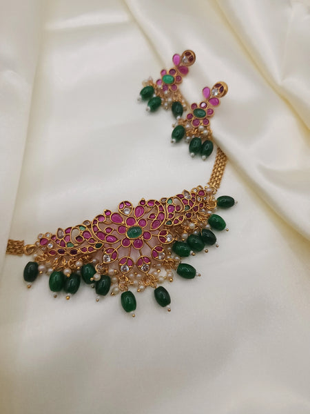 Goldplated Choker Necklace set with Green and Red Stonework