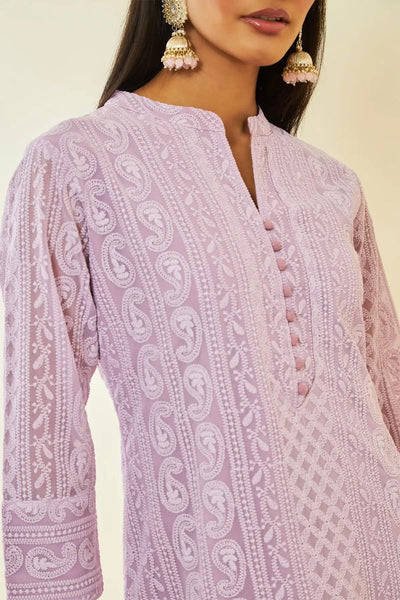 Purple Georgette Paisley Thread Embroidered Straight Kurta