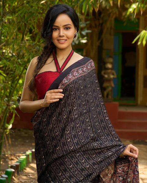 MIDNIGHT ELEGANCE : BLACK AJRAKH HAND BLOCK PRINTED PURE MODAL SILK SAREE