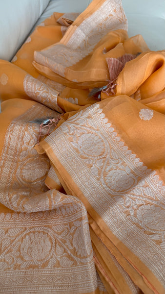 Peach Orangish and Silver Pure Handwoven Khaddi Banarasi Chiffon Georgette Saree