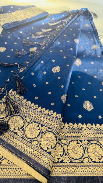 Navy Blue and Gold Pure Tussar Crepe Silk Saree