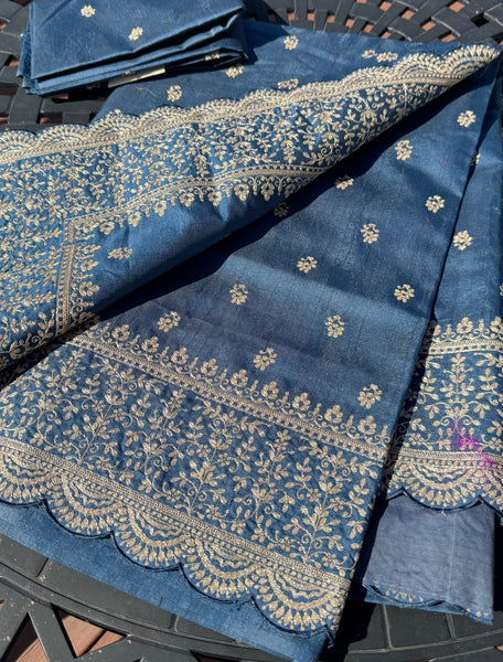 Royal Blue and Gold Tussar Silk Saree with Zari Butta's