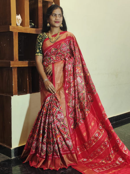Pure Ikkat Double Weaving Silk Red and Multicolor Saree