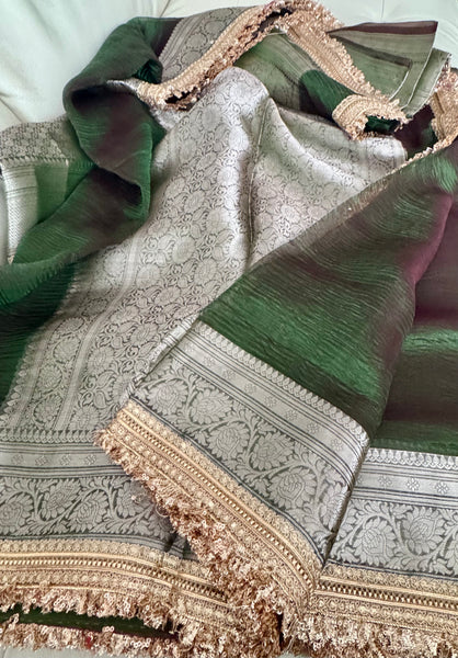 Iridescent Green Tissue Banarasi Brocade Silk Saree