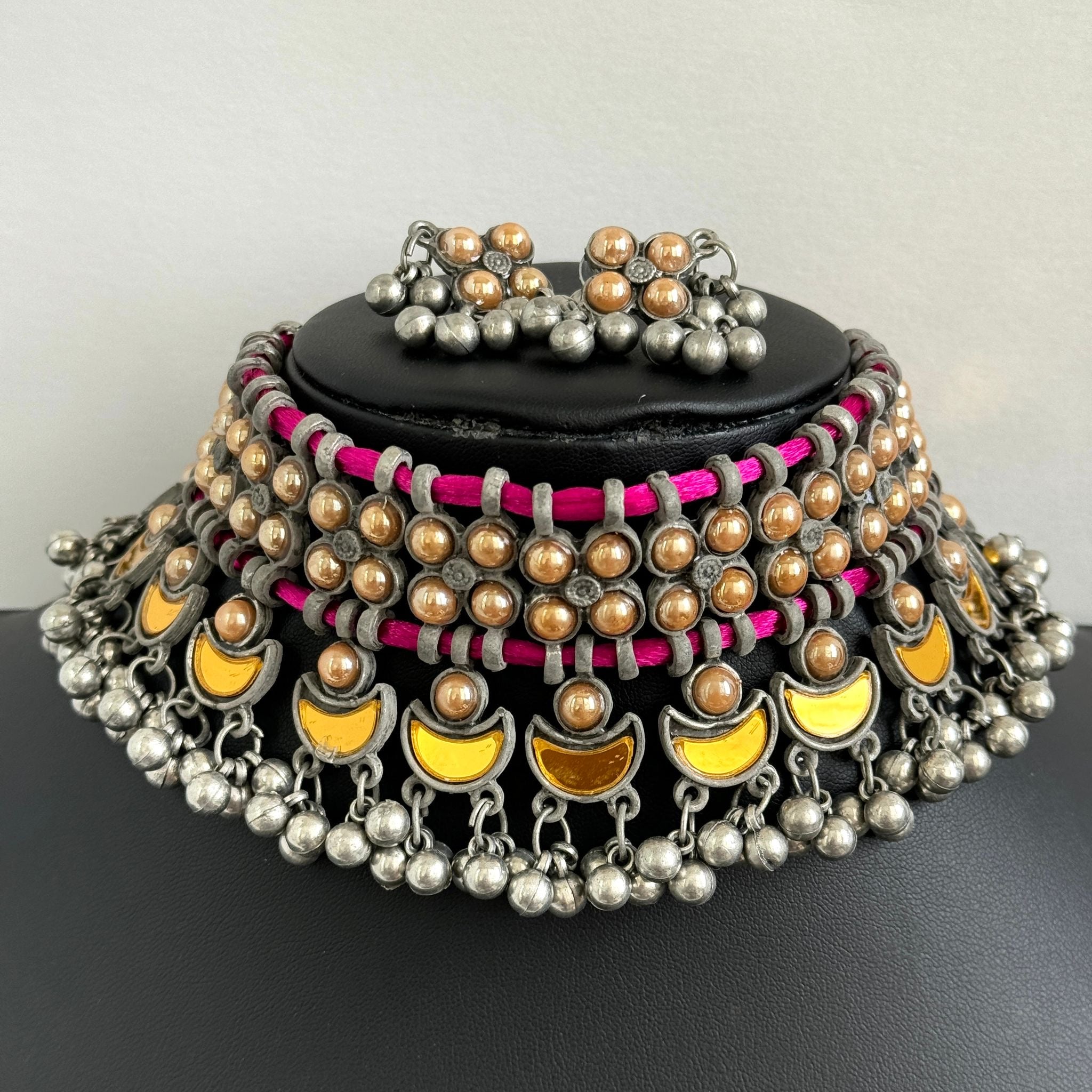 Yellow and Pink Handcrafted Thread Afghani choker set