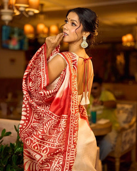 Red & Ivory Batik Saree