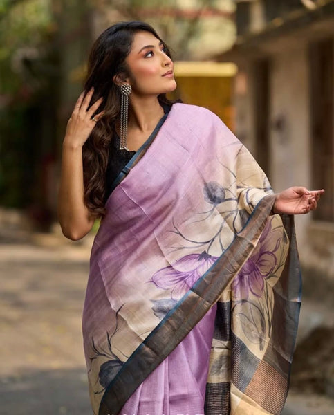Dusty Lavender Tussar Silk Saree with Elegant Floral Print & Zari Border