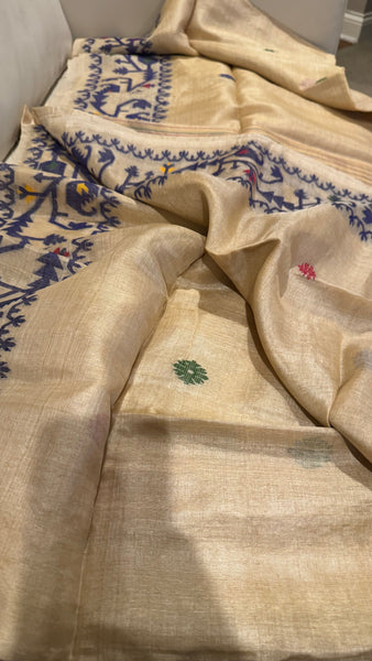 Navy Blue Handwoven Pure Tussar Silk Jamdani Saree