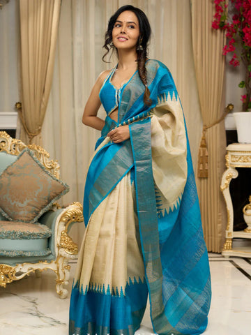 Pure Tussar silk saree in ocean blue with temple borders