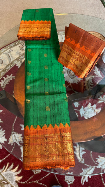 Green and Orange Pure Handloom Raw Gadwal Silk Saree