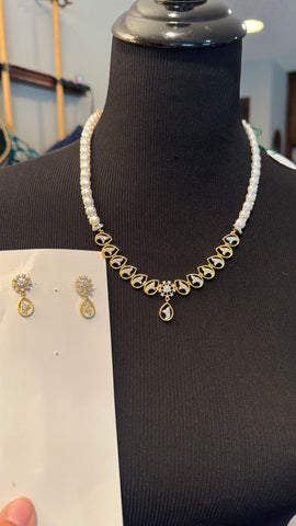Natural Freshwater White Real Pearl Set with CZ Stonework
