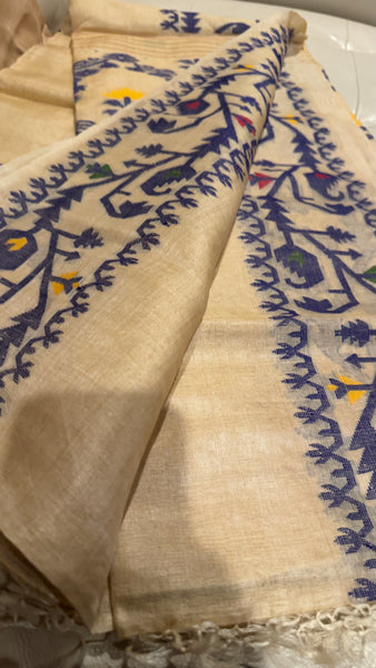 Navy Blue Handwoven Pure Tussar Silk Jamdani Saree