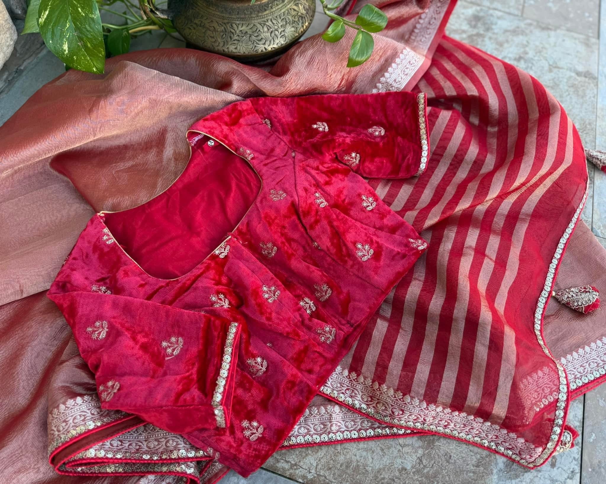 Red crushed embroidered tissue silk paired with a velvet blouse