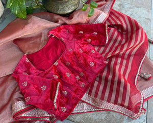 Red crushed embroidered tissue silk paired with a velvet blouse