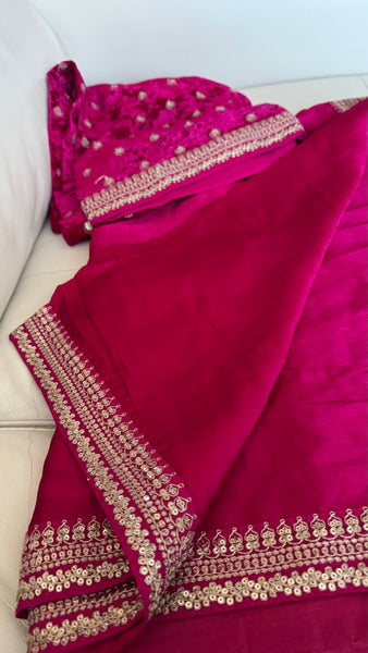 Fuchsia Pink Crepe Silk Saree with Zardosi Border