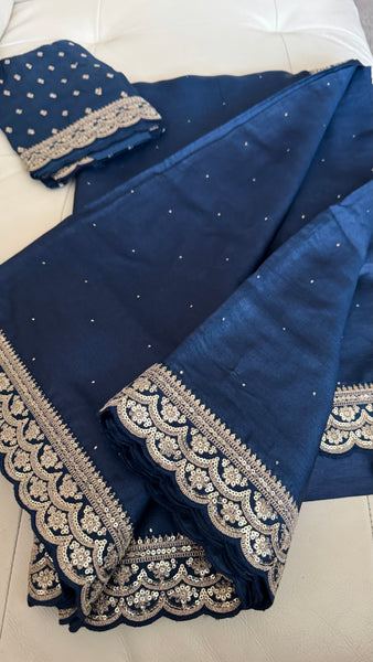 Midnight Blue Tussar Silk Saree with Zardosi Border