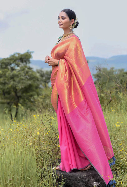 Elegant pink and gold half-and-half cotton-acrylic saree with zari-striped pallu