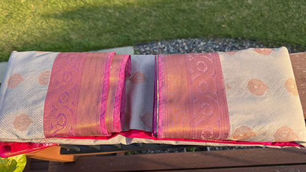 Biscuit and Pink Silk Banarasi Saree