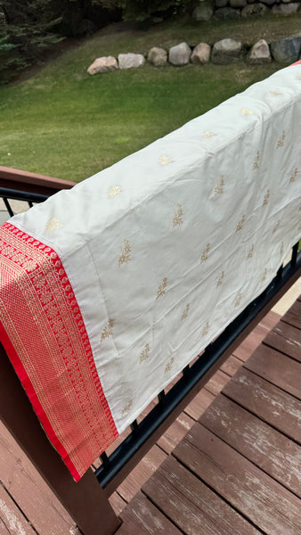 Off White and Red Soft Silk Saree with Readmade Blouse