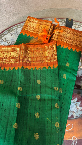 Green and Orange Pure Handloom Raw Gadwal Silk Saree