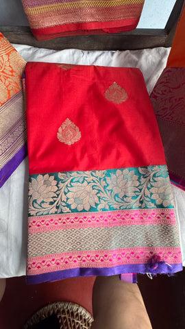 Tomato Red Soft Banarasi Pattu Katan Silk Saree with Zari weaves with Deep Navy Blue Border