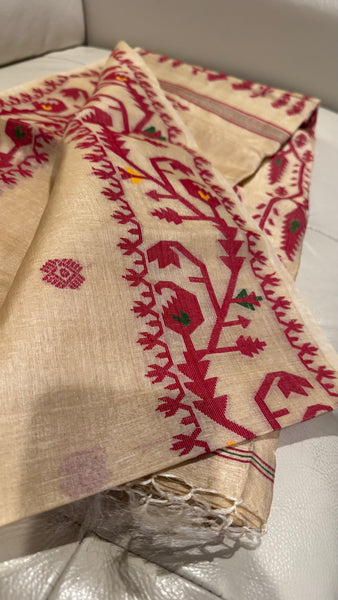 Red Handwoven Pure Tussar Silk Jamdani Saree