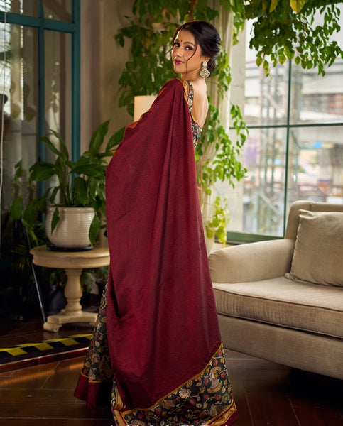 Dark Green Kalamkari Printed Chanderi Saree with Maroon Khun Pallu