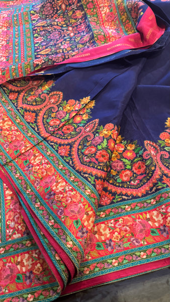 Navy Blue and Pink Kani Saree with Golden Zari