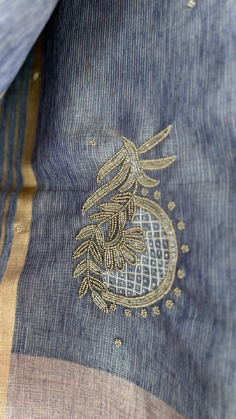 Dual Tone Grey Silver Gold Tone Tissue Linen Saree