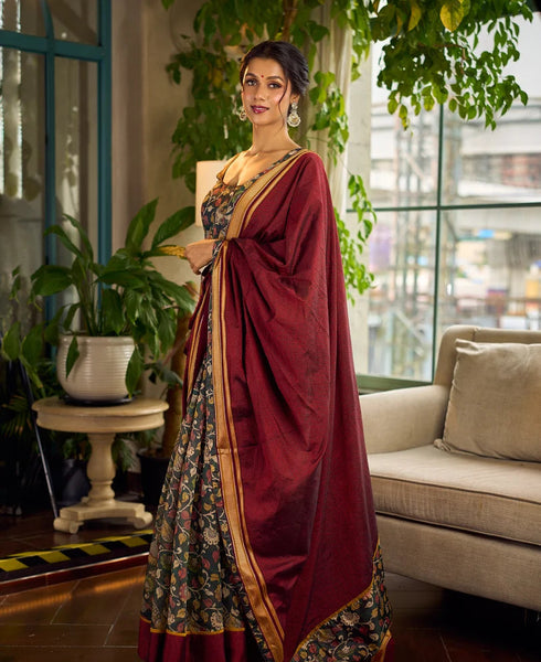 Dark Green Kalamkari Printed Chanderi Saree with Maroon Khun Pallu