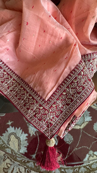 Shade of Peach Pink Handloom Net Silk Saree