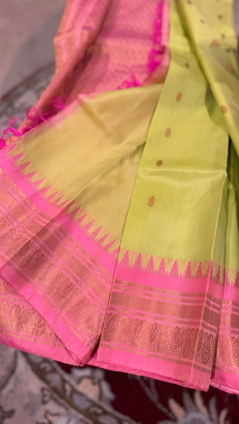 Mint Pistachio Green and Pink Pure Silk Handloom Gadwal Saree