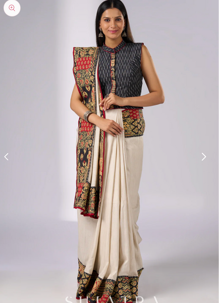 Off white cotton saree with patch work prints & hand painted motifs