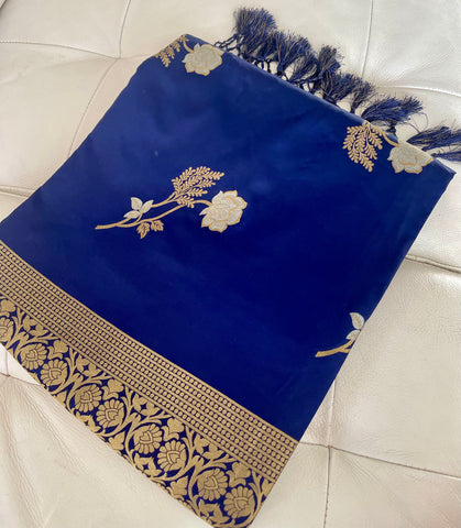 Deep Blue and Gold Soft Silk Saree with Floral Design