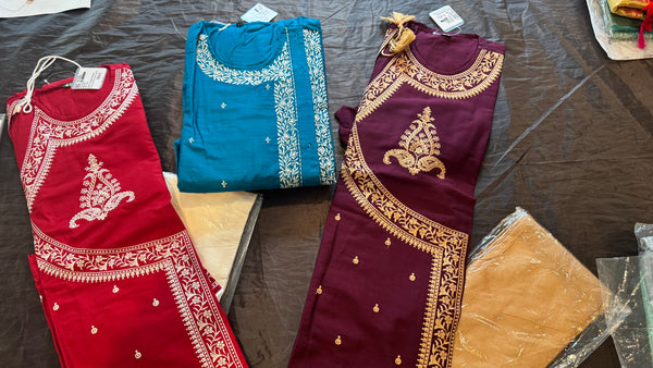 Eggplant Purple and Tan Pure Raw Silk Embroidered Bengali Punjabi