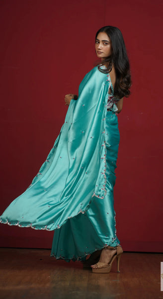Turquoise Blue Satin Silk Saree