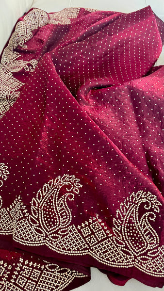 Deep Maroon Silk Crepe All-Over Stone Embellished Saree