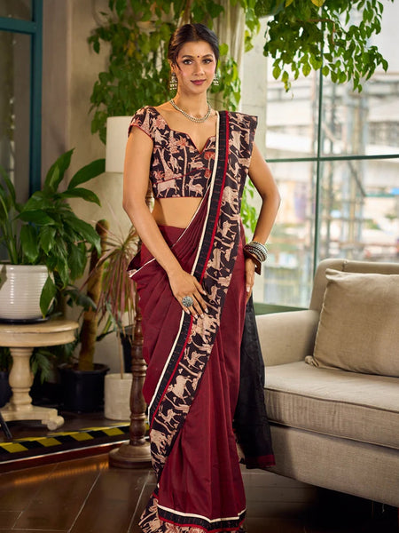 Maroon-Black Dual-Tone Cotton Saree with Kalamkari Border & Pallu
