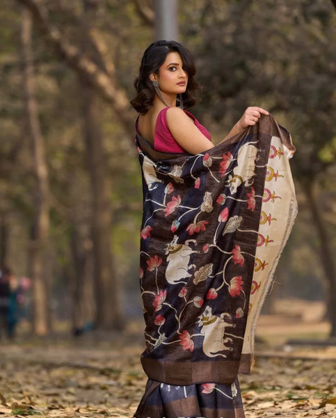 Midnight Black Tussar Silk Saree with Traditional Pichwai Print