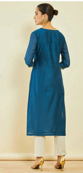Blue Chanderi Floral Embroidered Straight Kurta with Sequin Details